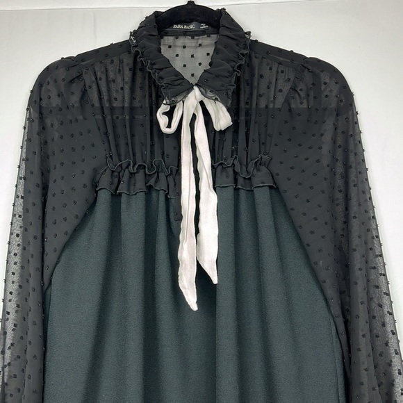 Zara Black Chiffon Mini Dress With Sheer ClipDot Sleeves And Bow Size XS - Picture 5 of 12